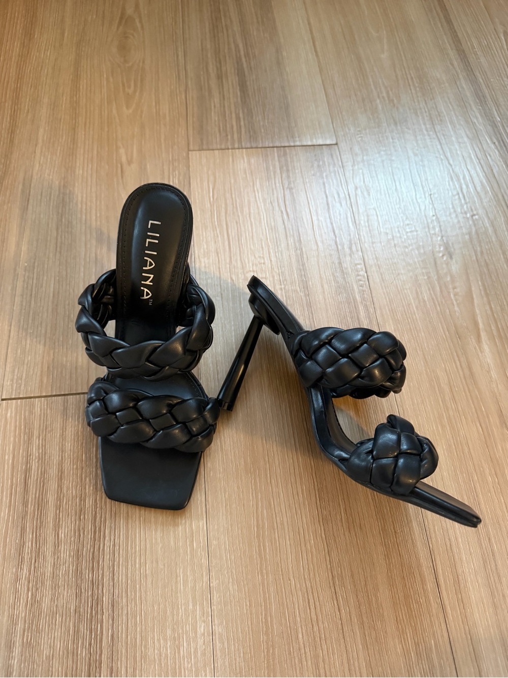 Black Braided Double-Strap Square Toe Heels